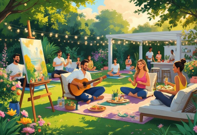 A group of celebrities enjoying various hobbies outdoors, including painting, playing guitar, doing yoga, cooking, and playing chess in a garden setting.
