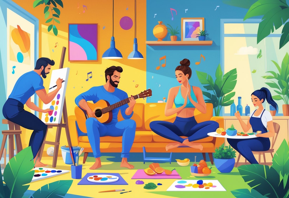A group of celebrities enjoying different hobbies like painting, playing guitar, doing yoga, and cooking in various settings.