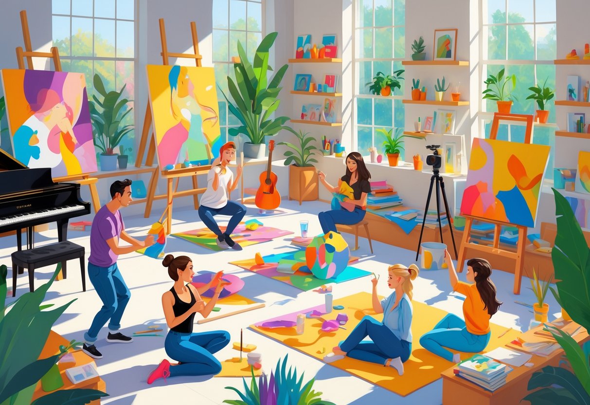 A group of celebrities enjoying various creative hobbies like painting, playing music, dancing, sculpting, and photography in a bright, spacious studio.