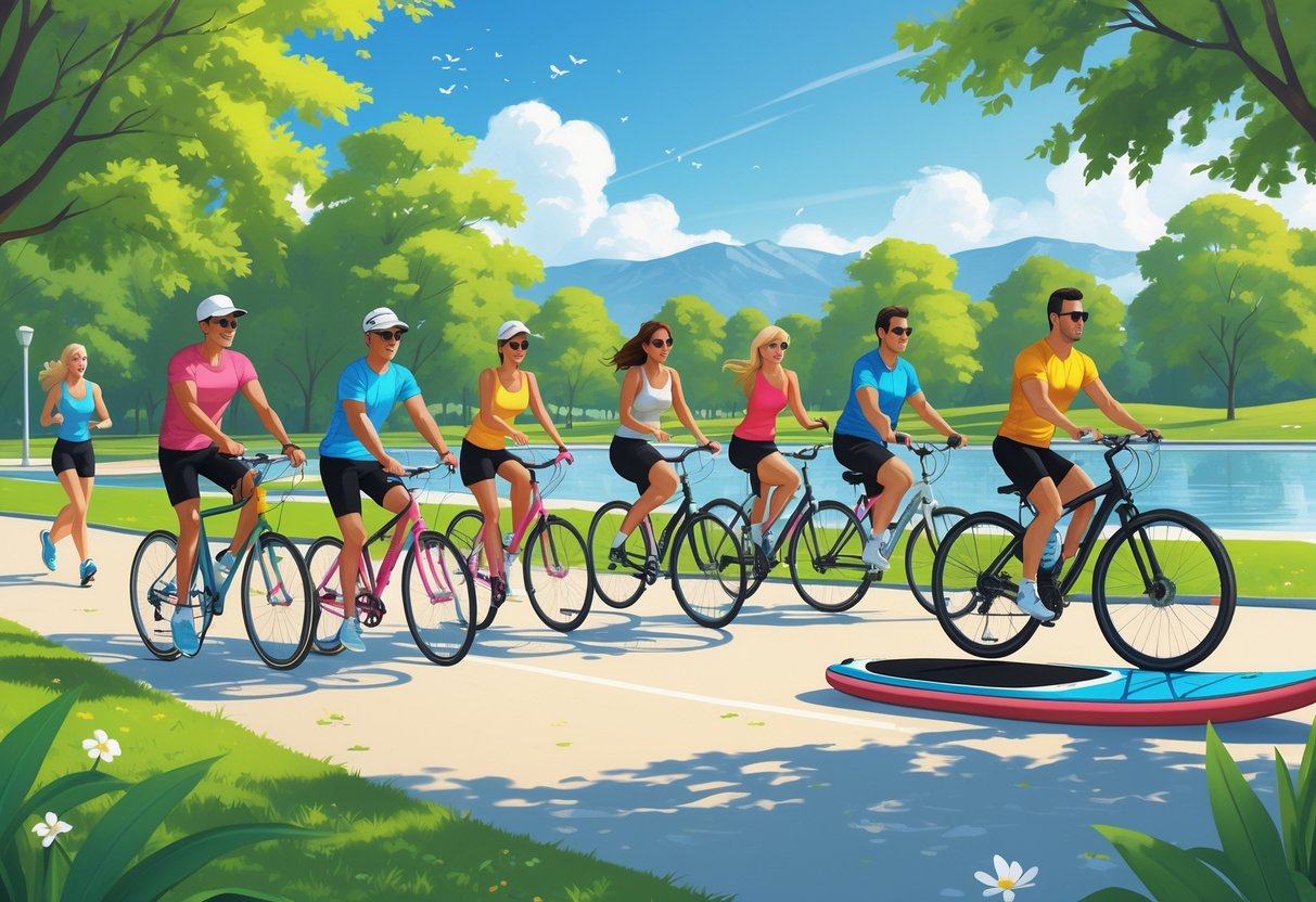 A group of celebrities enjoying various outdoor sports and hobbies in a sunny park, including tennis, cycling, jogging, rock climbing, and paddleboarding.