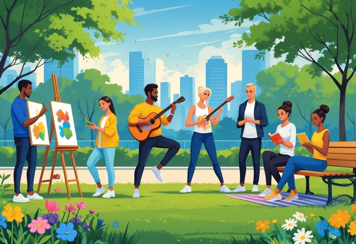 A group of celebrities enjoying different hobbies outdoors, including painting, playing guitar, practicing yoga, reading, and gardening.