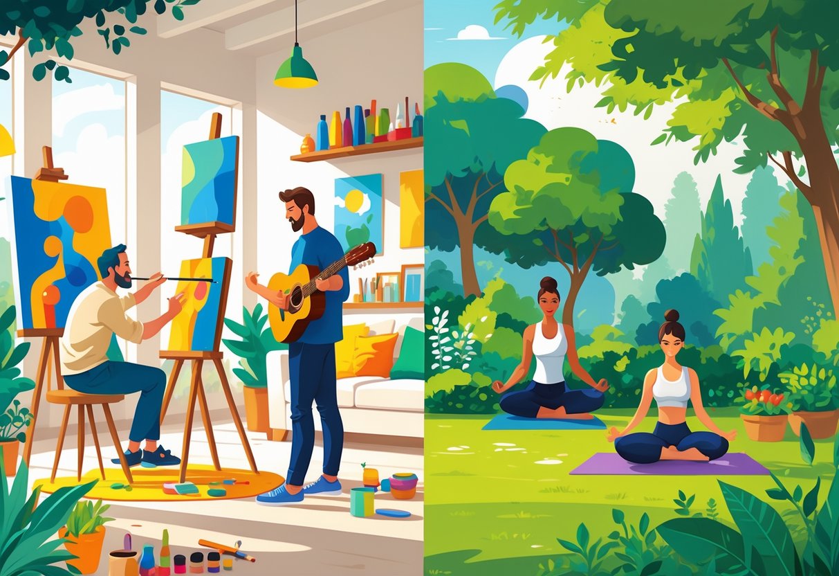 Celebrities spending their free time engaged in hobbies like painting, playing guitar, practicing yoga, and gardening in peaceful, natural settings.