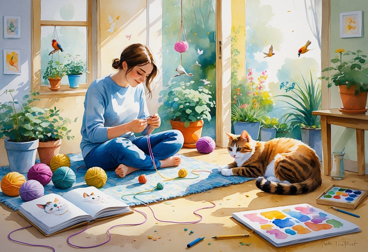 A person and their cat enjoying various hobbies together indoors, including knitting with yarn, reading a book, sketching, and playing with a laser pointer, surrounded by plants and sunlight.