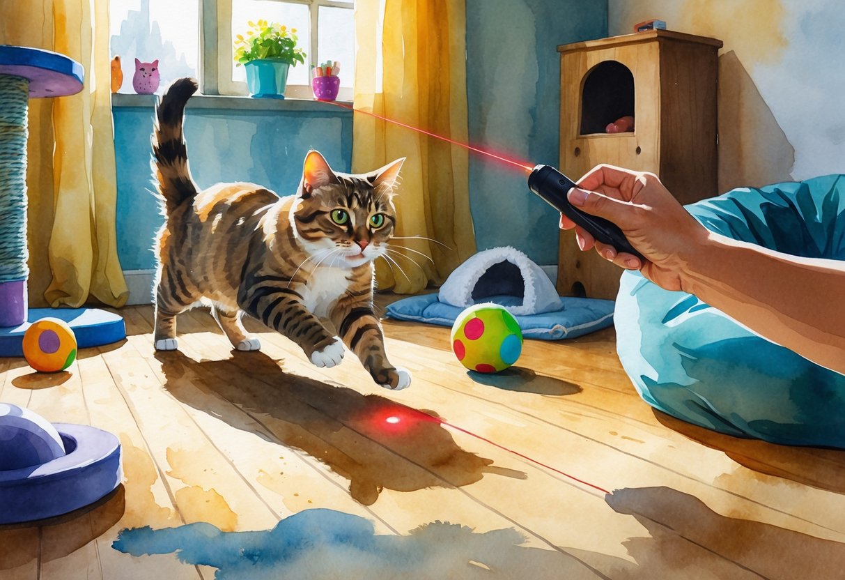 A person playing with their cat using a laser pointer in a cozy room filled with cat toys and natural light.