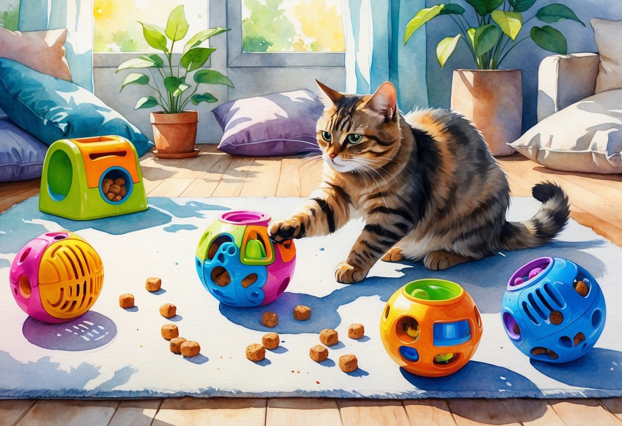 A cat playing with several treat-dispensing puzzle toys in a cozy indoor room with cushions and a plant.