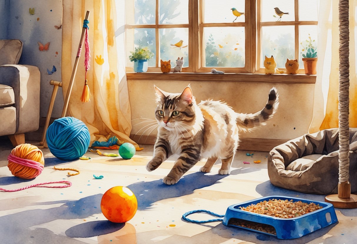 A cat chasing an orange ping pong ball across a living room floor surrounded by cat toys and cozy home elements.