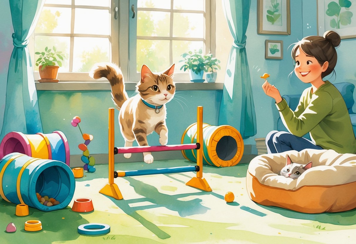 A person encouraging a cat as it jumps over a hurdle during an agility training session inside a cozy, sunlit room with cat toys and equipment around.