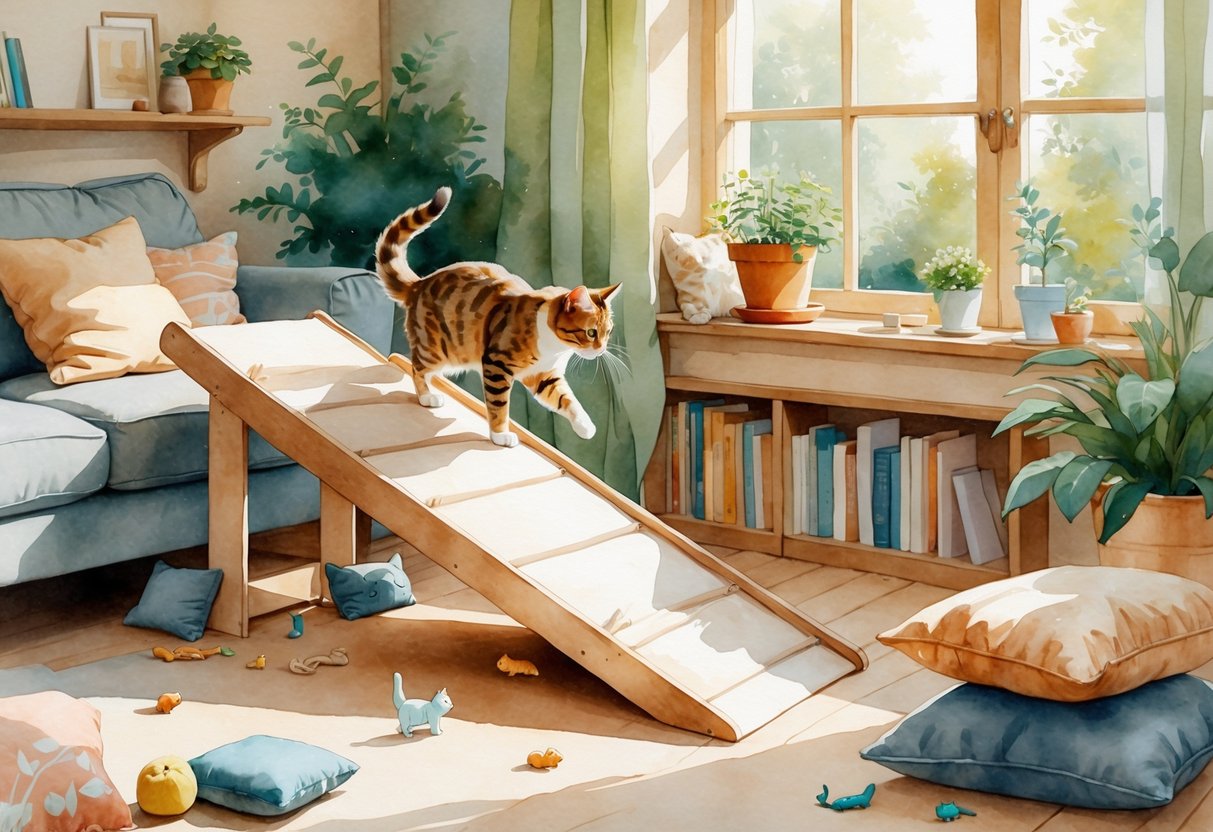 A cat climbing a homemade wooden ramp inside a cozy living room with cushions, toys, plants, and books.