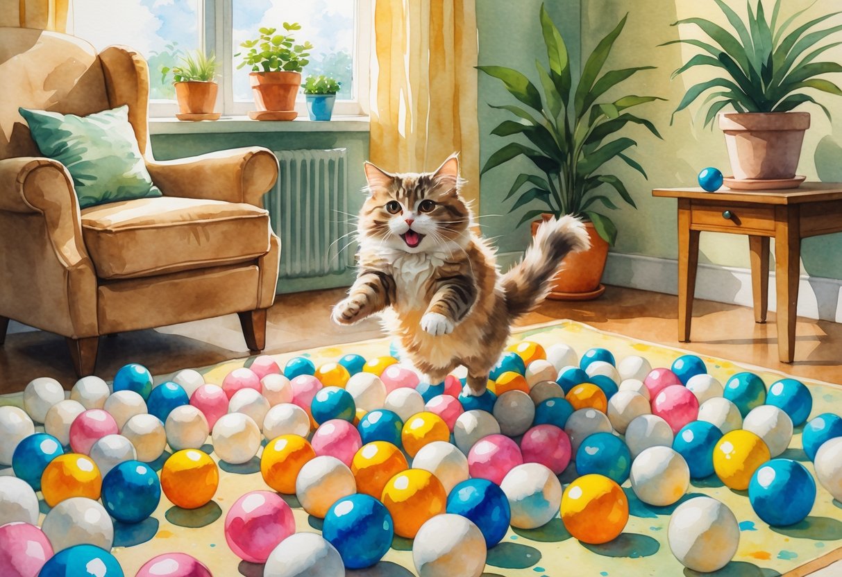 A cat jumping into a ball pit filled with white ping pong balls in a cozy living room.
