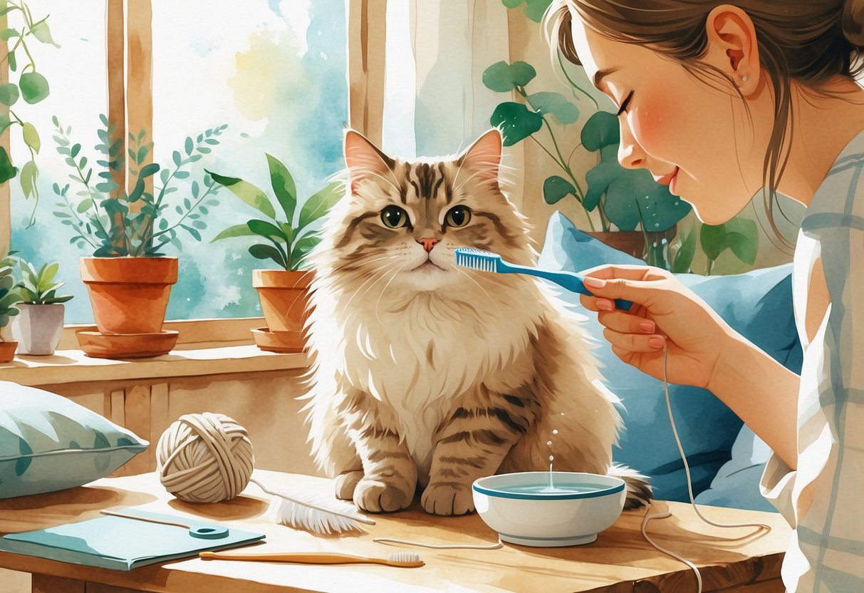 A person brushing their cat's teeth indoors, with cat toys and plants nearby, showing a calm and loving moment.