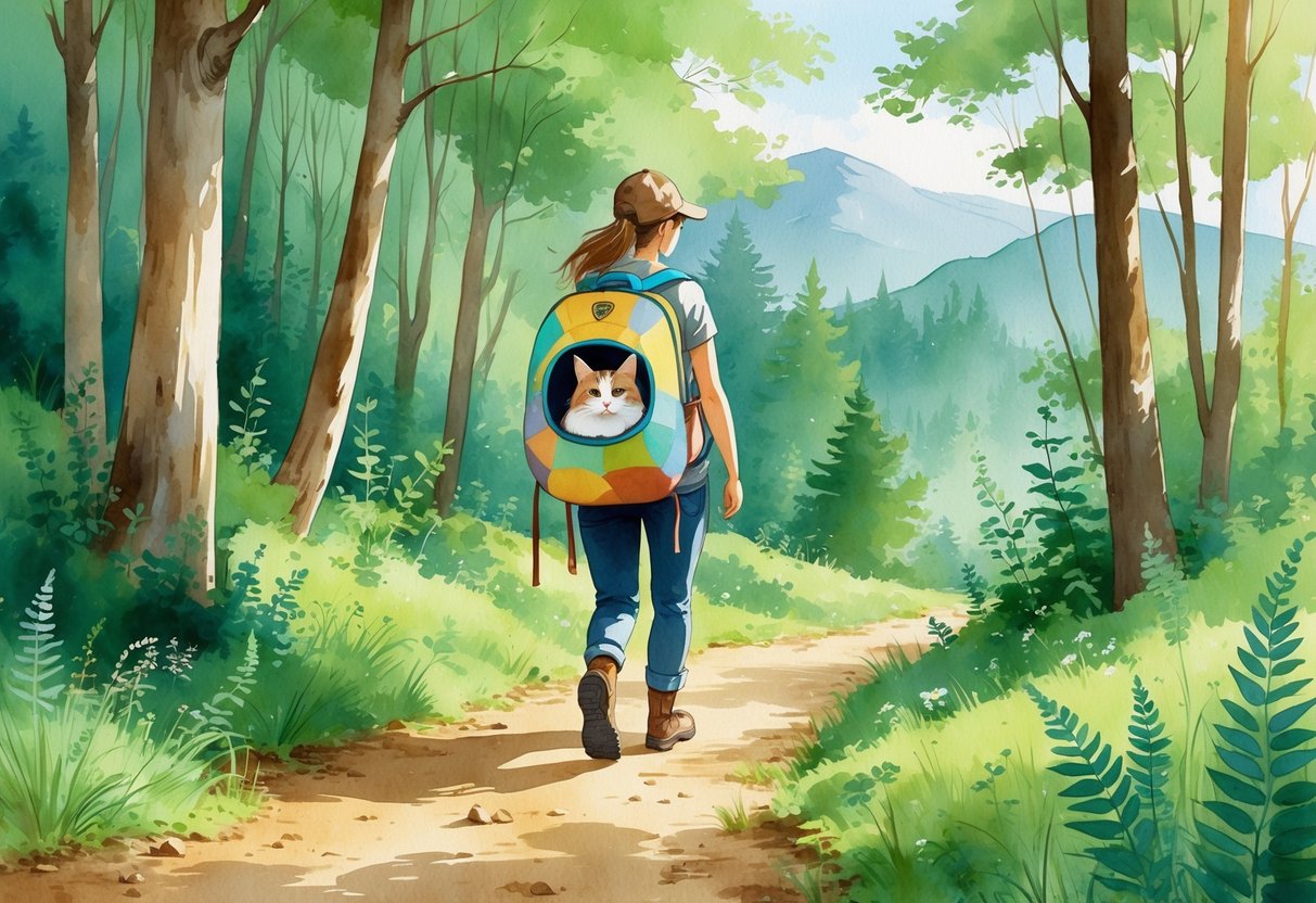 A person hiking on a forest trail with a cat sitting inside a backpack, surrounded by trees and wildflowers.