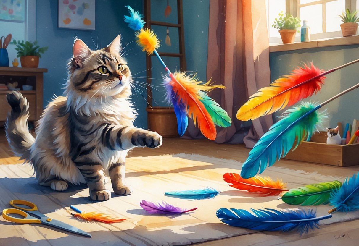 A cat playing with colorful feather wand toys in a cozy indoor setting with craft materials nearby.