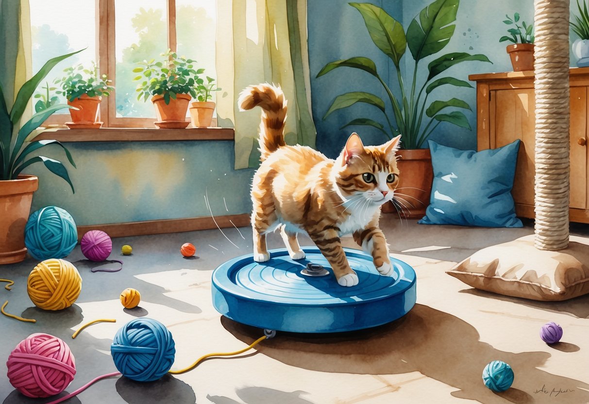A playful cat running on a small exercise wheel surrounded by cat toys and a cozy living room setting.