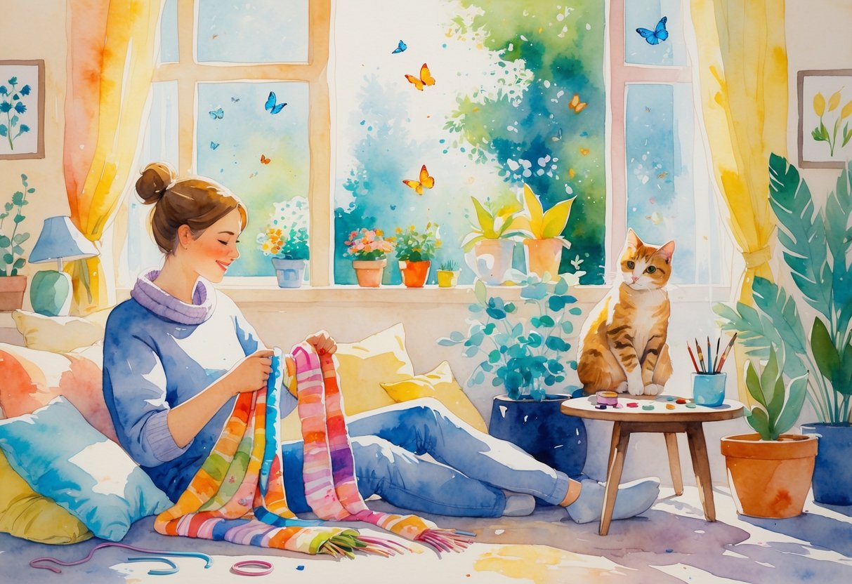 A person and their cat spending time together indoors, with the person knitting and the cat playing with yarn near art supplies on a table.