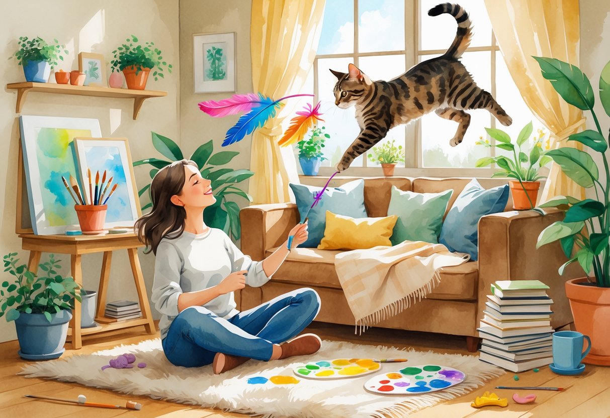 A person playing with a cat in a cozy living room filled with plants, toys, and art supplies.