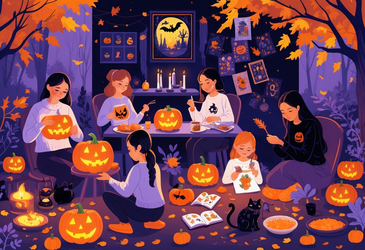 A cozy autumn scene showing people engaged in various Halloween-themed hobbies like pumpkin carving, painting, baking, knitting, candle making, wreath crafting, reading, calligraphy, decorating gingerbread houses, applying makeup, photography, cross-stitching, and tarot card reading.