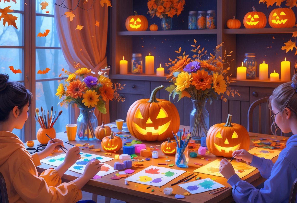 A cozy room with hands creating Halloween-themed crafts like painted pumpkins, paper bats, masks, and miniature haunted houses on a table filled with art supplies.