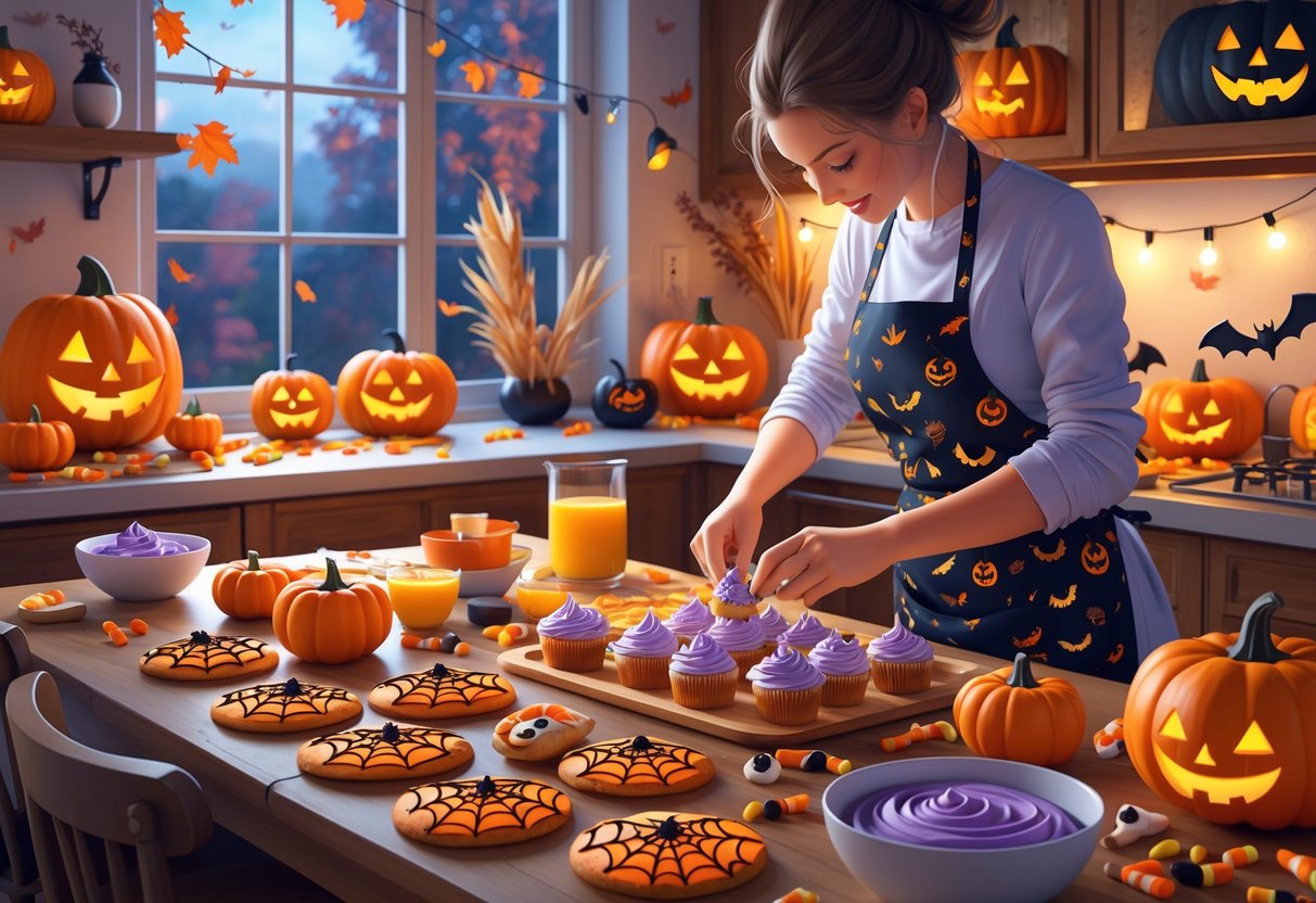 A cozy kitchen scene with Halloween-themed baked goods and cooking ingredients on a wooden table, decorated with pumpkins and autumn leaves outside the window.