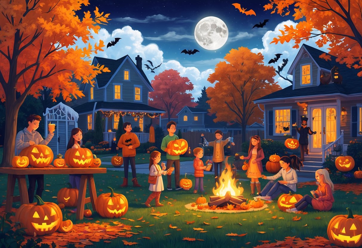 People enjoying various Halloween outdoor activities like pumpkin carving, trick-or-treating, setting up decorations, and sitting around a bonfire in a fall landscape with colorful leaves and a full moon.