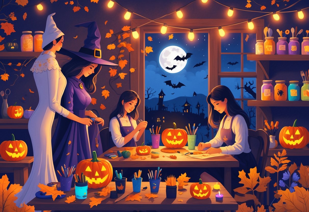 A cozy workshop where people are sewing a witch costume, carving a jack-o'-lantern, painting masks, and crafting Halloween decorations with pumpkins, autumn leaves, and festive lights.