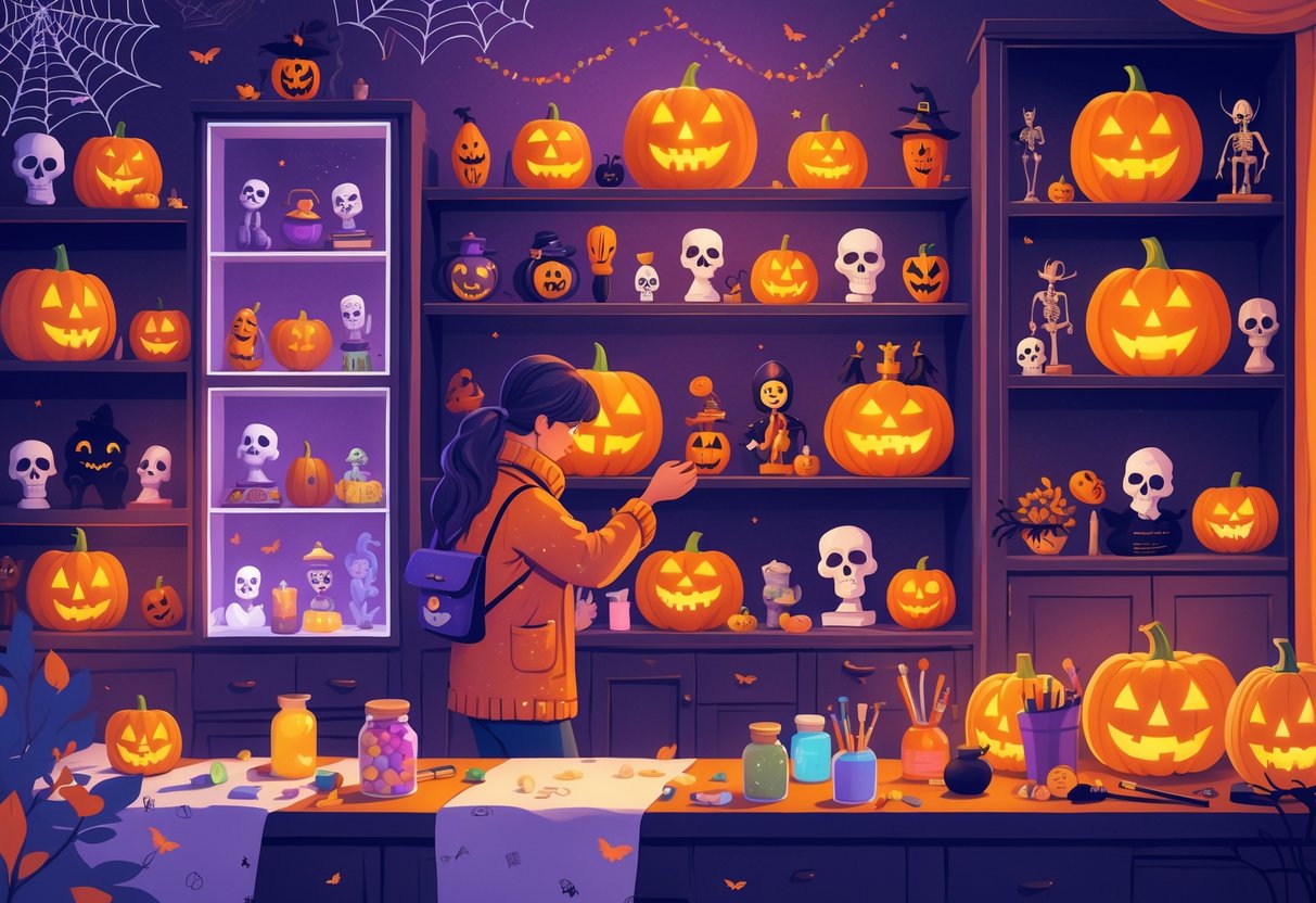 A person arranging Halloween collectibles like masks, pumpkins, and figurines in a cozy room decorated with autumn and Halloween items.