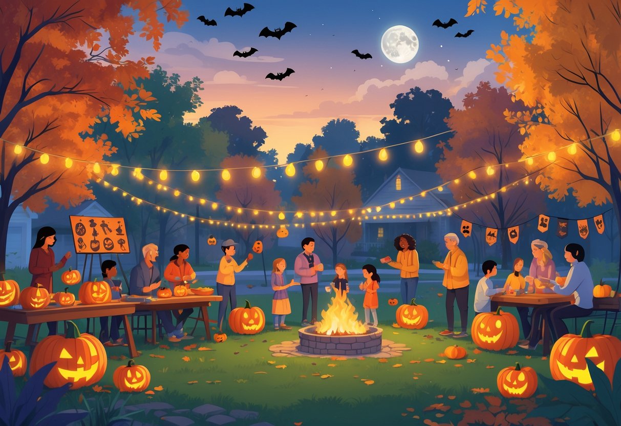 A lively outdoor Halloween community event with people of all ages carving pumpkins, painting masks, crafting decorations, baking treats, playing games, and children in costumes enjoying festive activities under autumn trees and a full moon.