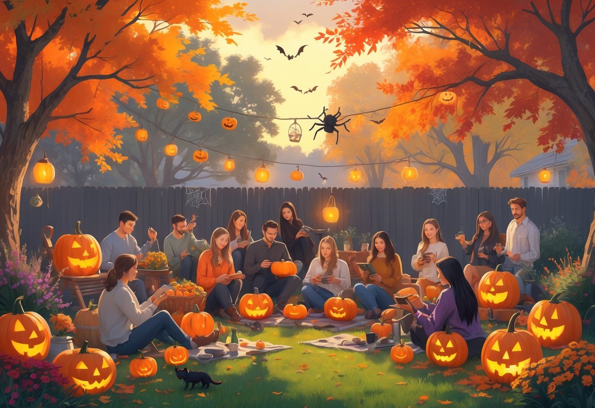People enjoying various Halloween-themed hobbies outdoors in a colorful autumn setting with pumpkins, fall leaves, and festive decorations.