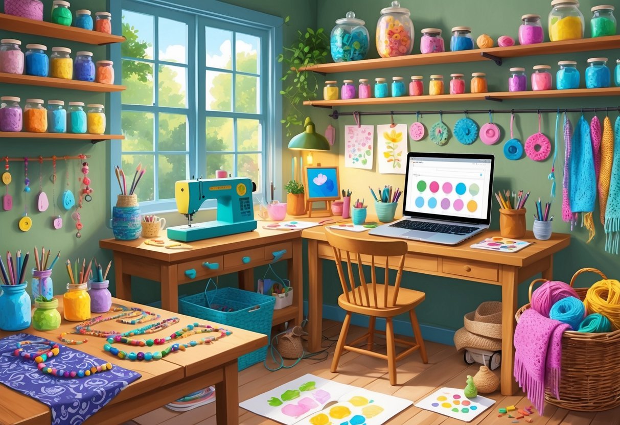 A craft studio with various handmade items including jewelry, sewing materials, pottery, candles, knitted goods, and painted cards arranged on tables and shelves.