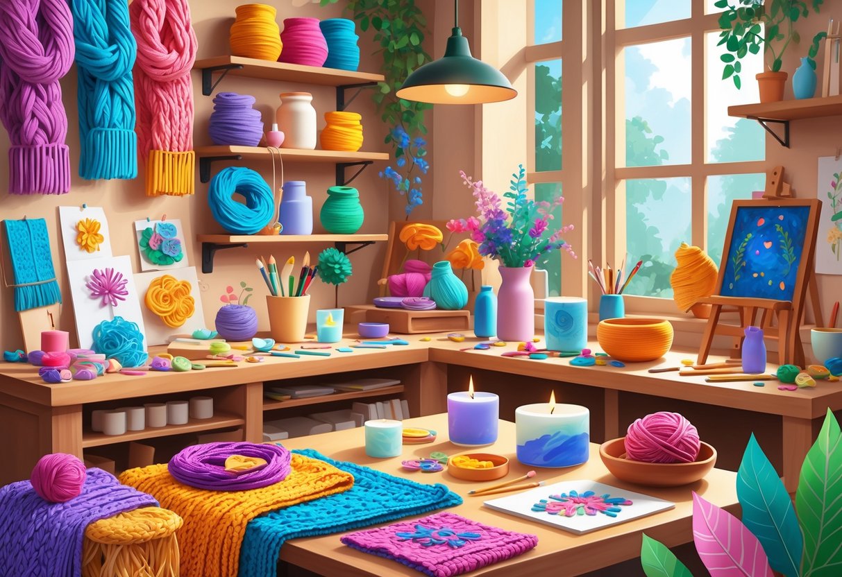 A creative workspace filled with various handmade crafts such as knitted scarves, painted ceramics, jewelry, candles, embroidery, and wooden toys displayed on shelves and tables.