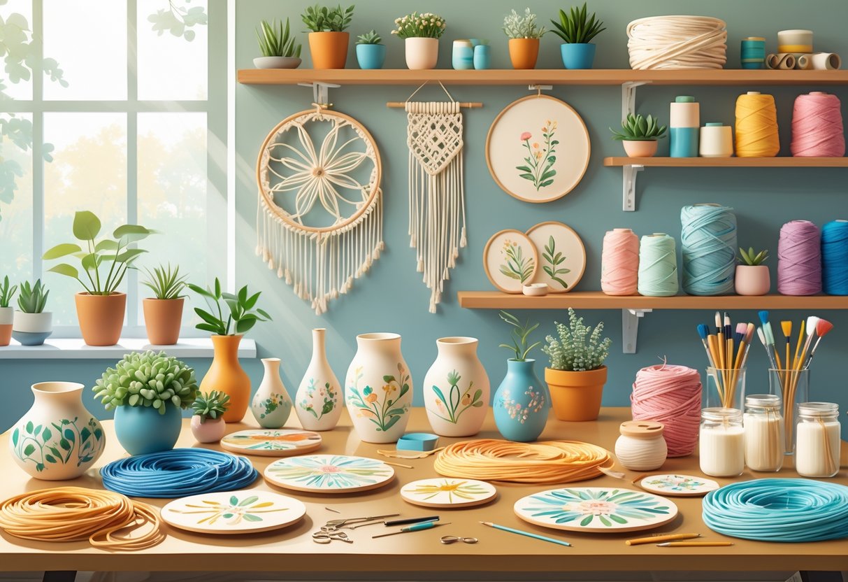 A home studio workspace with various handmade home decor items like pottery, macrame, embroidered textiles, candles, and craft supplies arranged on a wooden table.