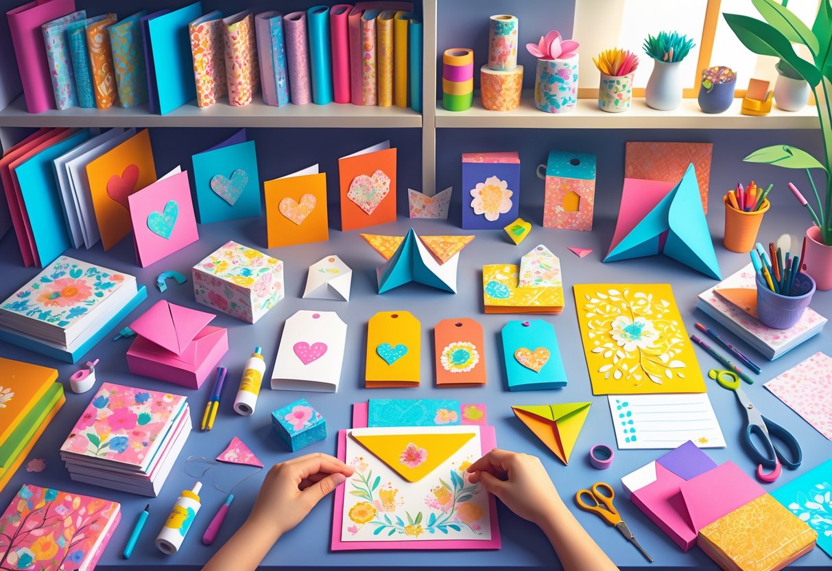 A creative workspace with hands folding origami surrounded by colorful paper crafts, greeting cards, gift tags, and crafting tools.