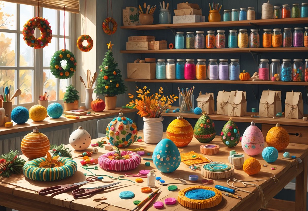 A creative workspace filled with various handmade seasonal and holiday craft projects, crafting tools, and materials arranged on a wooden table with shelves of supplies in the background.