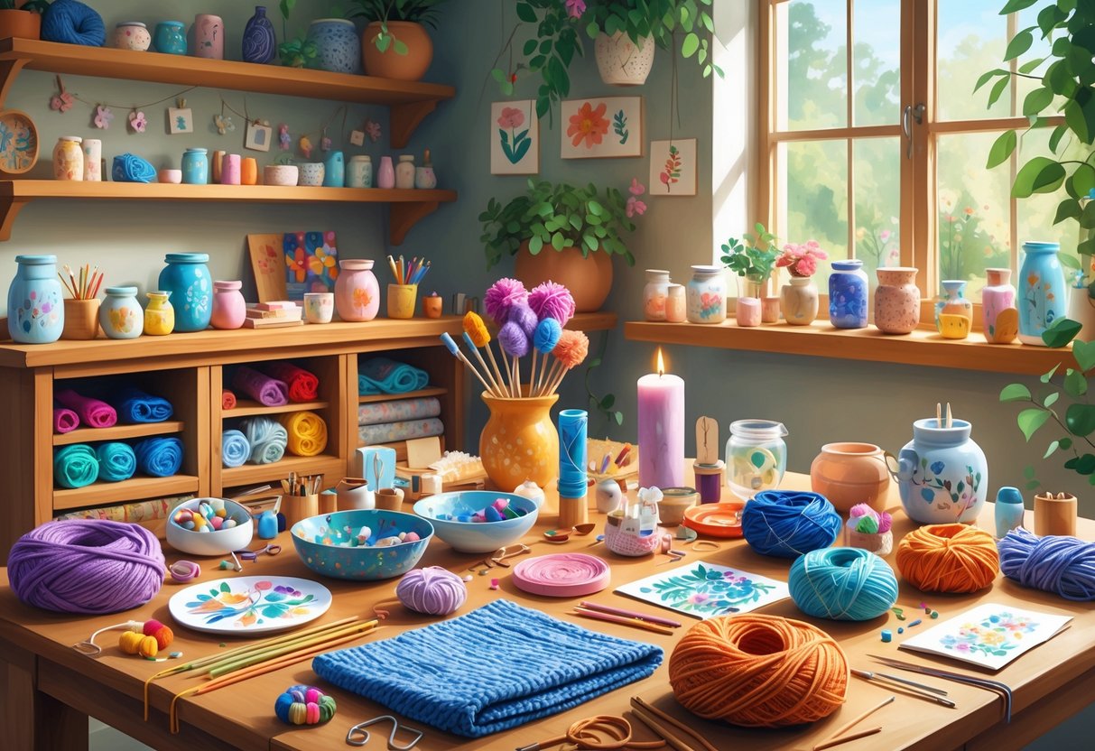A cozy craft studio with a table full of handmade gifts and craft materials like yarn, ceramics, jewelry, cards, candles, and fabric dolls, with shelves of finished crafts in the background.