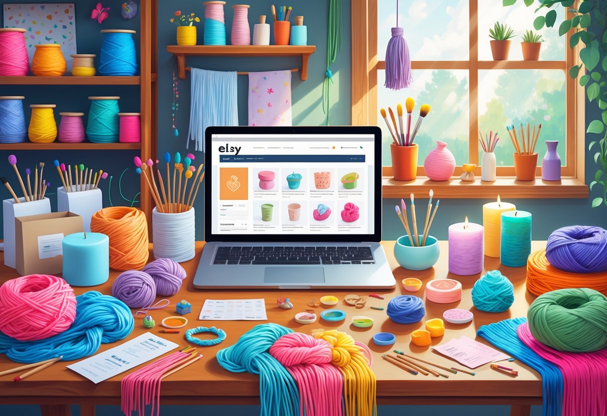 A cozy craft studio with a worktable full of handmade items like yarn, ceramics, jewelry, candles, and dolls, alongside a laptop and packaging materials.