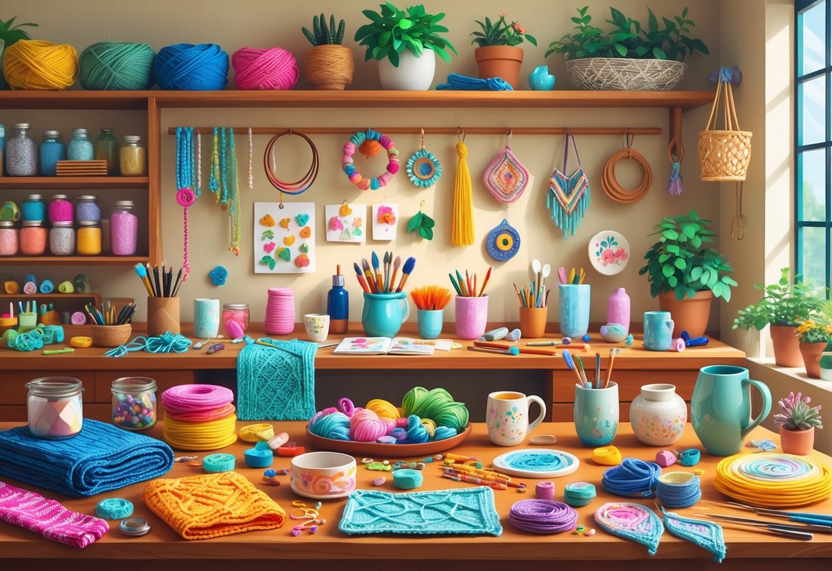 A craft workspace filled with various handmade items including knitted scarves, jewelry, painted mugs, candles, greeting cards, wooden figurines, pottery, crocheted toys, leather goods, dyed fabrics, paper art, macrame hangers, resin pieces, and plush animals.