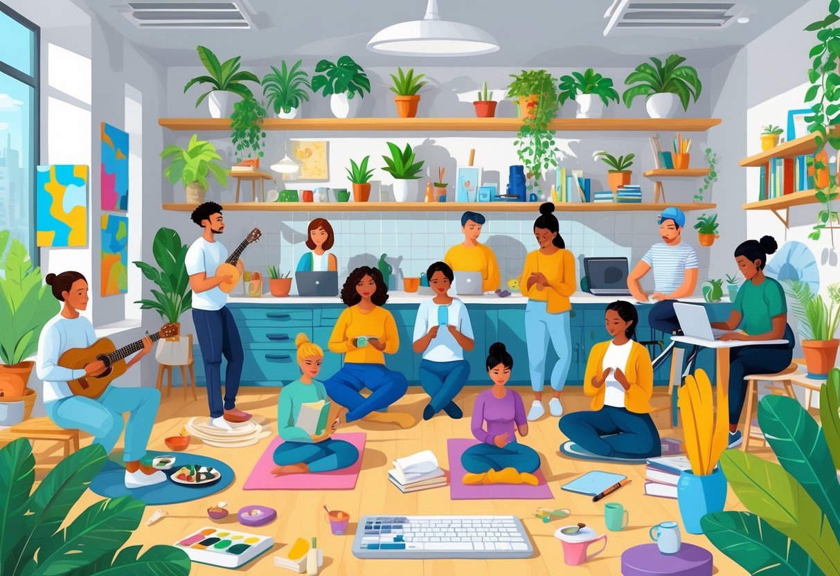 A group of freelancers enjoying various hobbies like painting, playing guitar, yoga, gardening, reading, cooking, writing, photography, knitting, meditating, cycling, coding, pottery, chess, and sketching in a bright, cozy workspace.