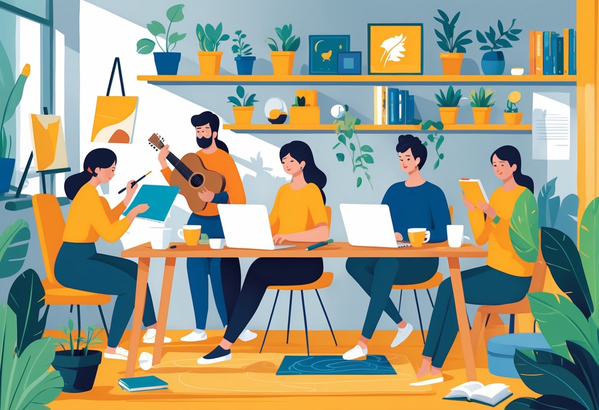 A group of freelancers in a cozy workspace engaging in different hobbies like painting, playing guitar, gardening, yoga, and reading.