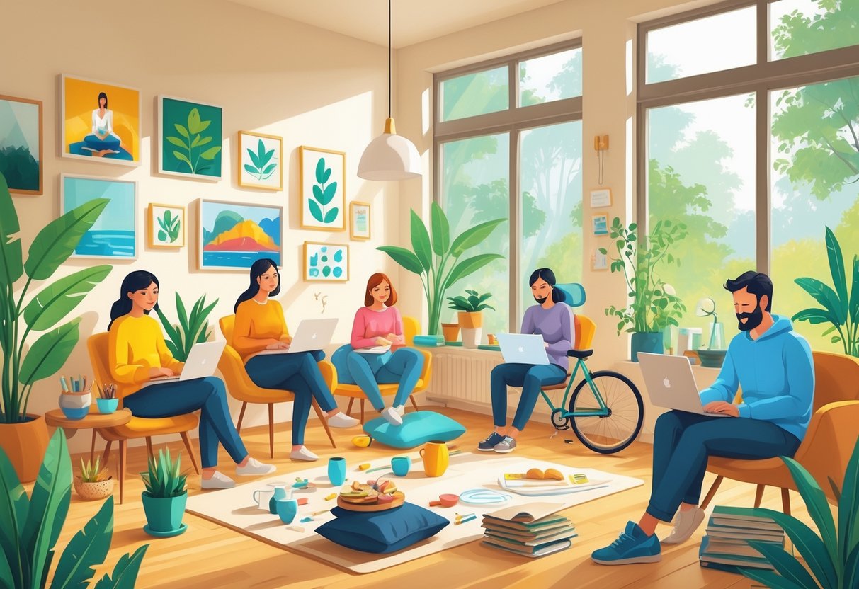 A group of freelancers in a cozy home office engaged in various hobbies like painting, yoga, gardening, playing guitar, writing, cooking, photography, knitting, reading, cycling, meditating, coding, playing chess, hiking, and sketching.