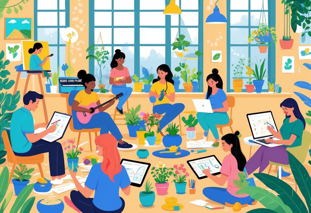 A group of freelancers engaged in various creative hobbies like painting, playing music, writing, pottery, photography, gardening, digital sketching, knitting, cooking, yoga, and coding in a bright shared workspace.