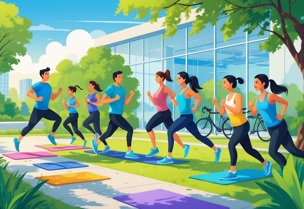 A group of freelancers exercising outdoors and indoors, doing activities like yoga, jogging, cycling, and stretching in a bright urban park and workspace setting.