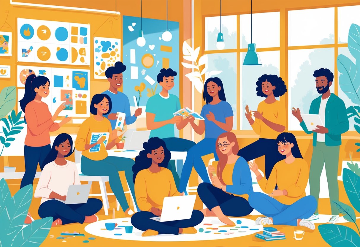 A group of diverse freelancers enjoying various social hobbies like painting, playing board games, practicing yoga, and chatting at a café to build connections.