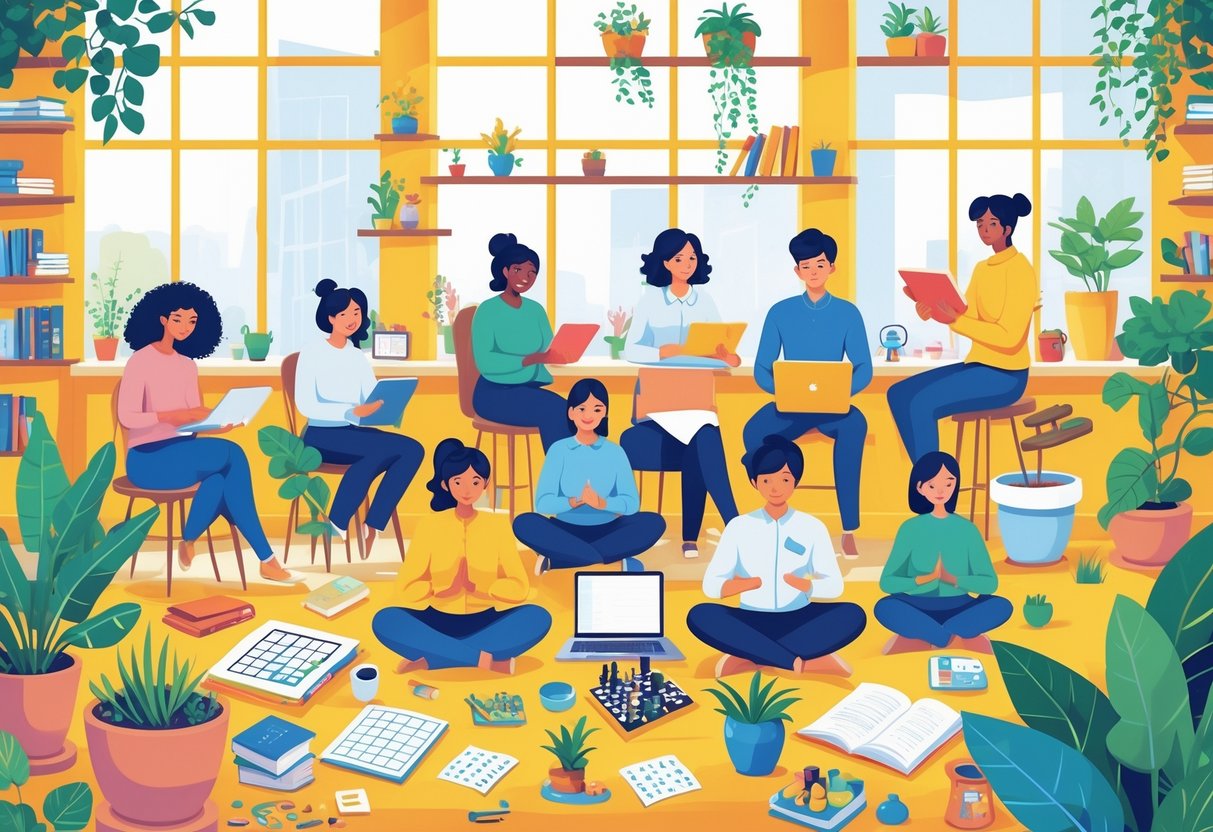 A group of freelancers in a bright co-working space engaged in various educational and brain-boosting hobbies like reading, painting, playing instruments, solving puzzles, meditating, coding, and gardening.