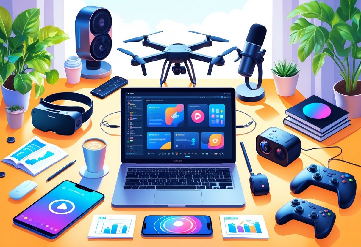 A modern freelancer's workspace with a laptop, digital drawing tablet, smartphone, VR headset, headphones, drone, camera, microphone, books, gaming controller, and a smart assistant device on a desk.