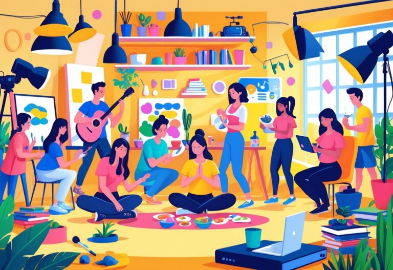 A group of people engaged in various hobbies like painting, playing guitar, cooking, gardening, gaming, crafting, yoga, photography, writing, and filming in a creative studio setting.