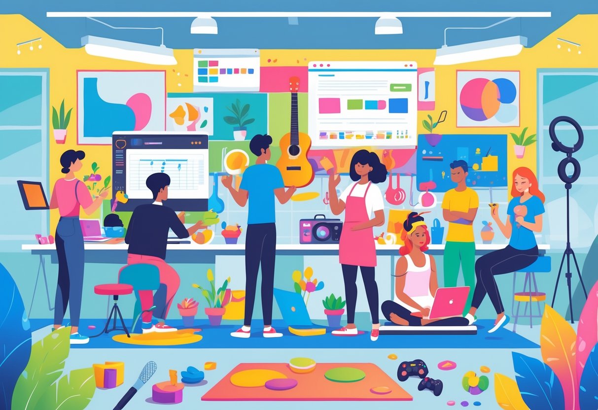 A group of people engaged in different hobbies like painting, playing music, cooking, gardening, filming, crafting, gaming, and yoga in a bright creative workspace.