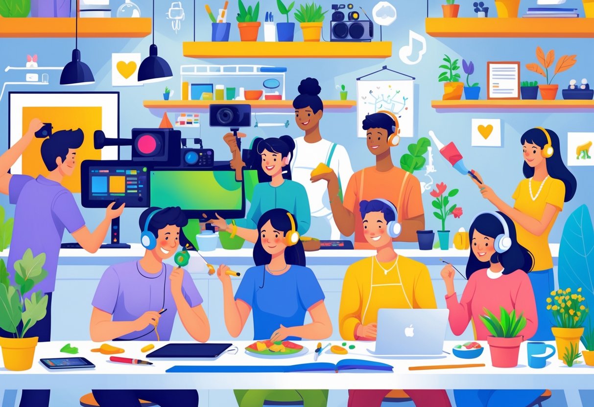 A group of people engaged in various creative hobbies like painting, playing music, cooking, crafting, gardening, gaming, dancing, and filming videos in a bright studio.