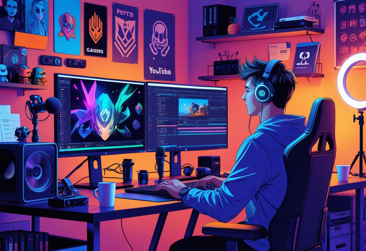 A person working at a desk with gaming and tech equipment, including monitors, a microphone, headphones, and gaming consoles, surrounded by creative workspace elements.