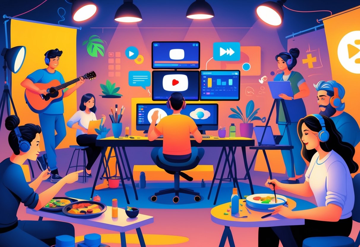 A group of people engaged in various hobbies like playing guitar, vlogging, gaming, dancing, applying makeup, cooking, painting, and podcasting in a modern studio setting.