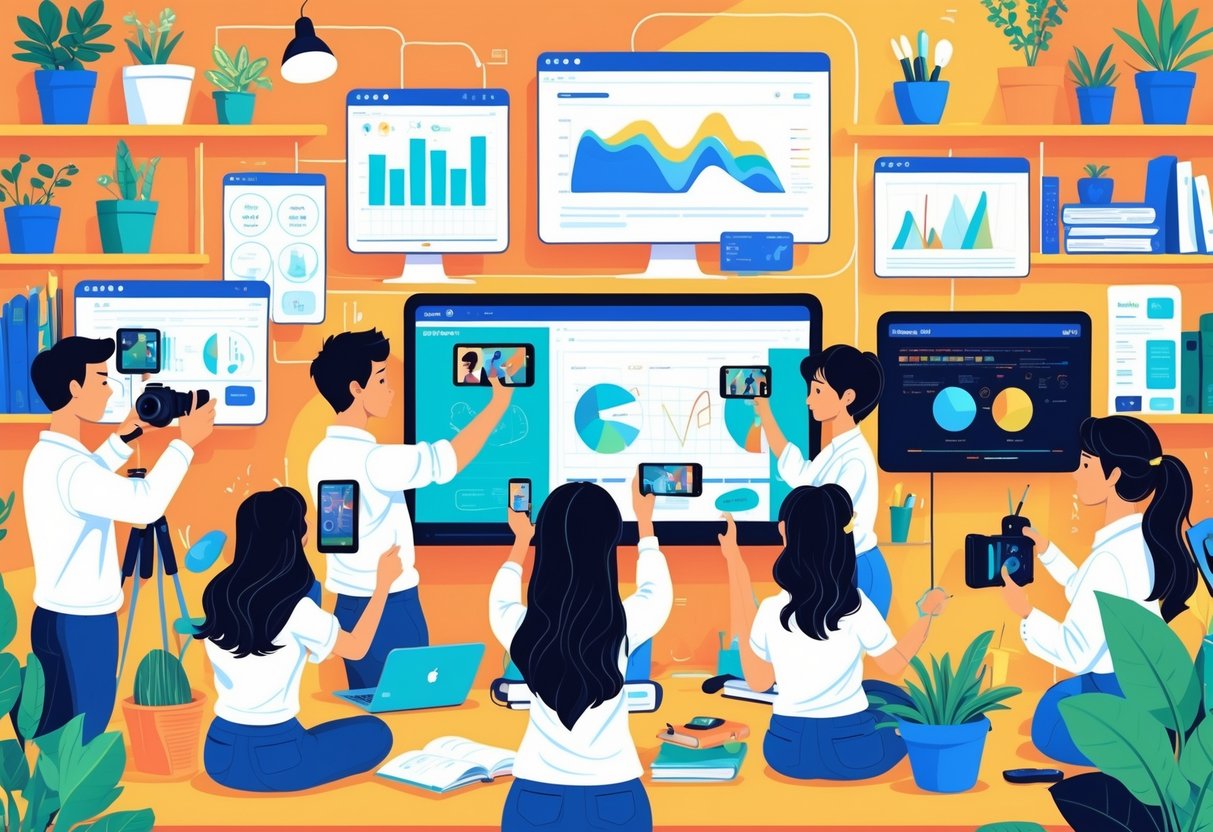 People engaged in various educational hobbies like painting, cooking, coding, and music in a bright studio with cameras and computers.