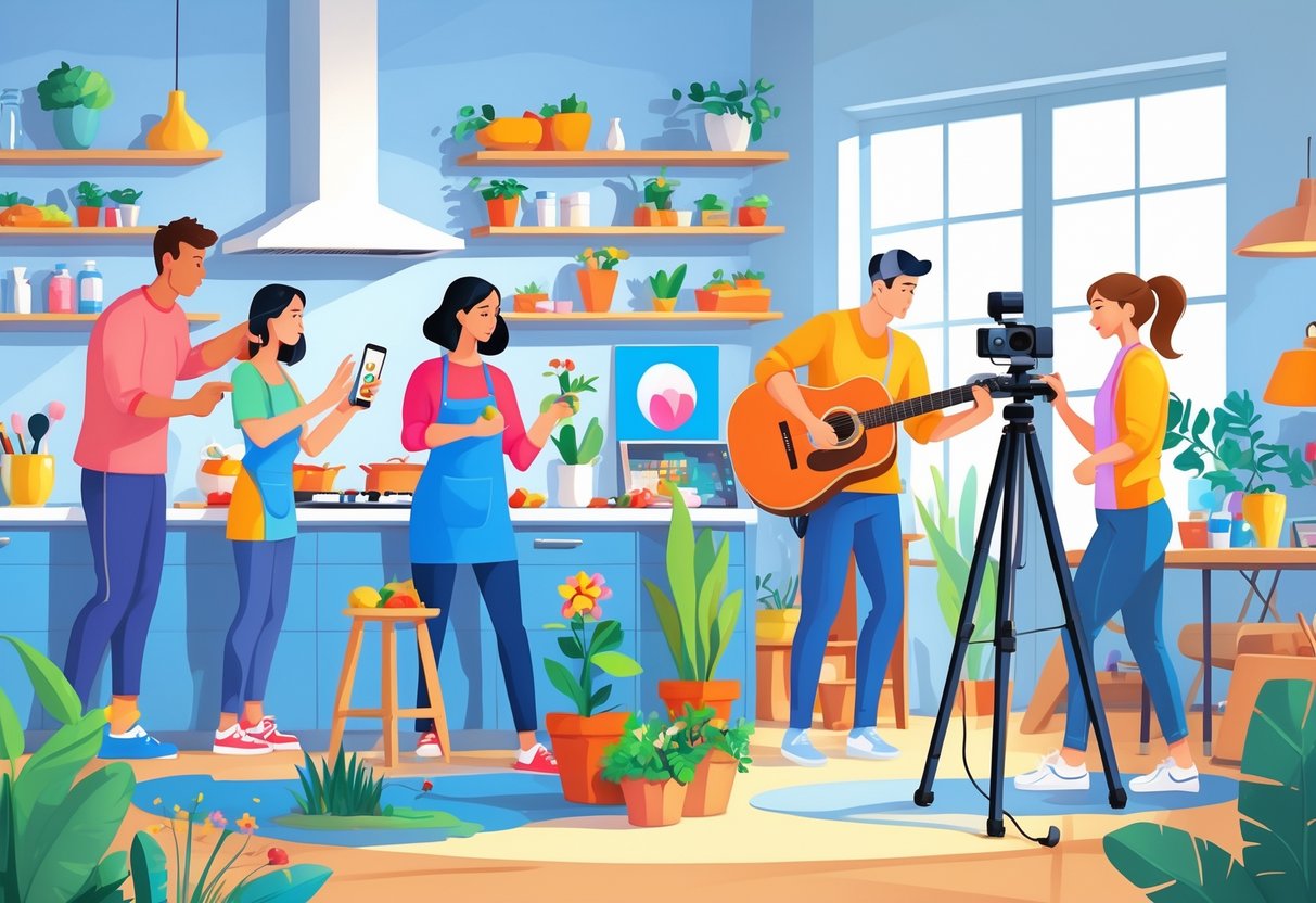 A group of people engaged in various hobbies like cooking, gardening, playing music, painting, exercising, and reviewing gadgets, all being recorded with cameras in a cozy indoor setting.